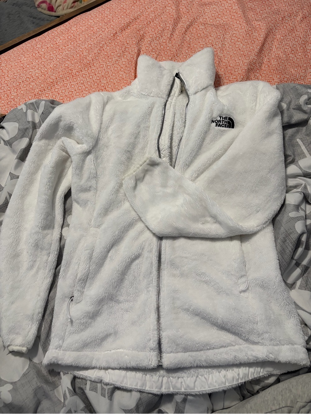 The North Face White Plush Fleece Jacket with Black Logo Tag